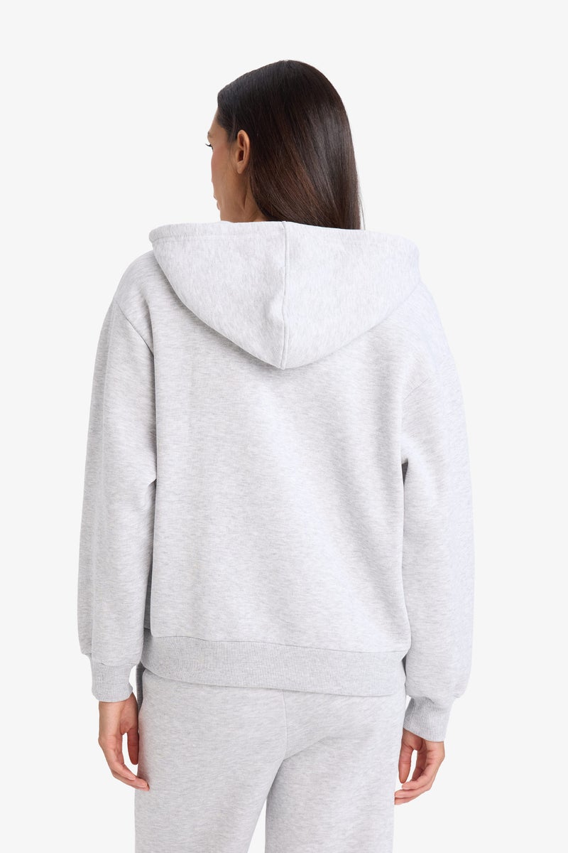 DeFacto Grey Woman Relax Fit Basic Thick Fabric Zip-Up Hoodie Casual - Image 5